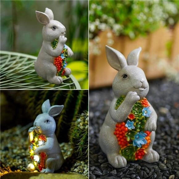 Solar Garden Outdoor Statues Bunny with Succulent and 7 LED Lights – Lawn Decor - Picture 4 of 7